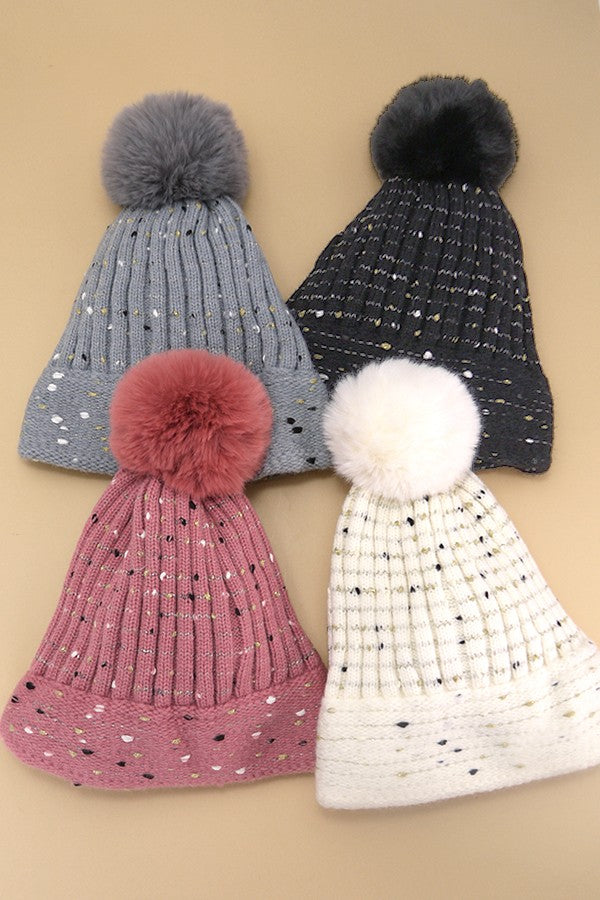 SEQUIN FAUX FUR POM POM BEANIE HAT - Image 6