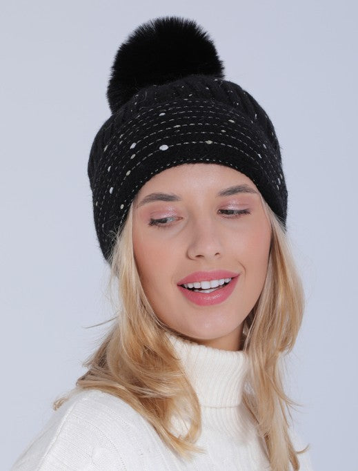 SEQUIN FAUX FUR POM POM BEANIE HAT - Image 9