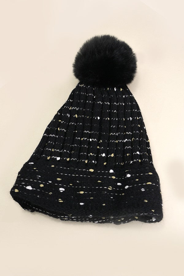 SEQUIN FAUX FUR POM POM BEANIE HAT - Image 5