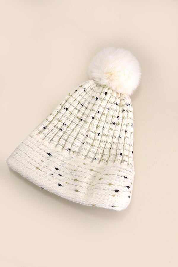 SEQUIN FAUX FUR POM POM BEANIE HAT - Image 3