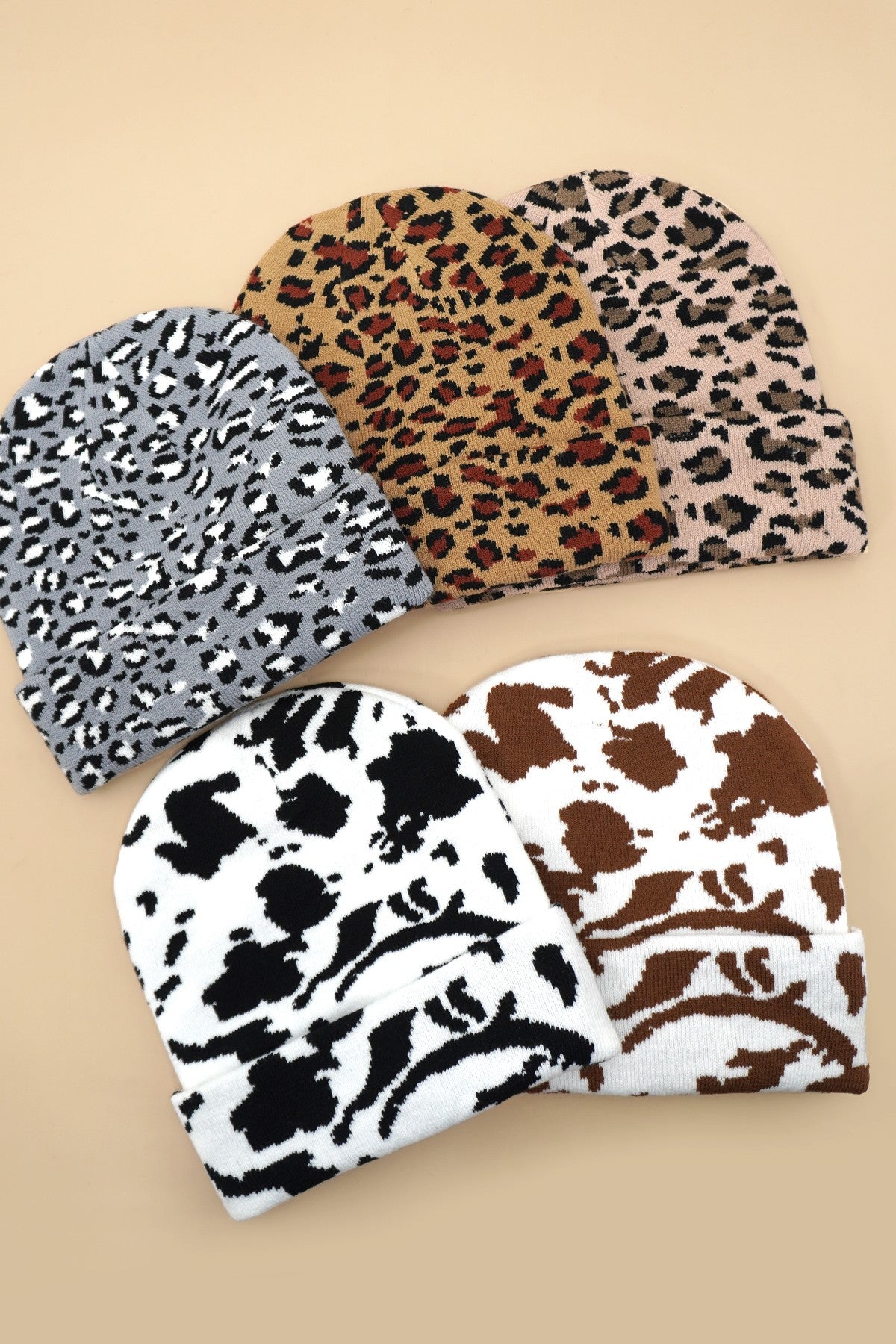 SOFT RIBBED KNIT ANIMAL LEOPARD COW BEANIES HAT - Image 2