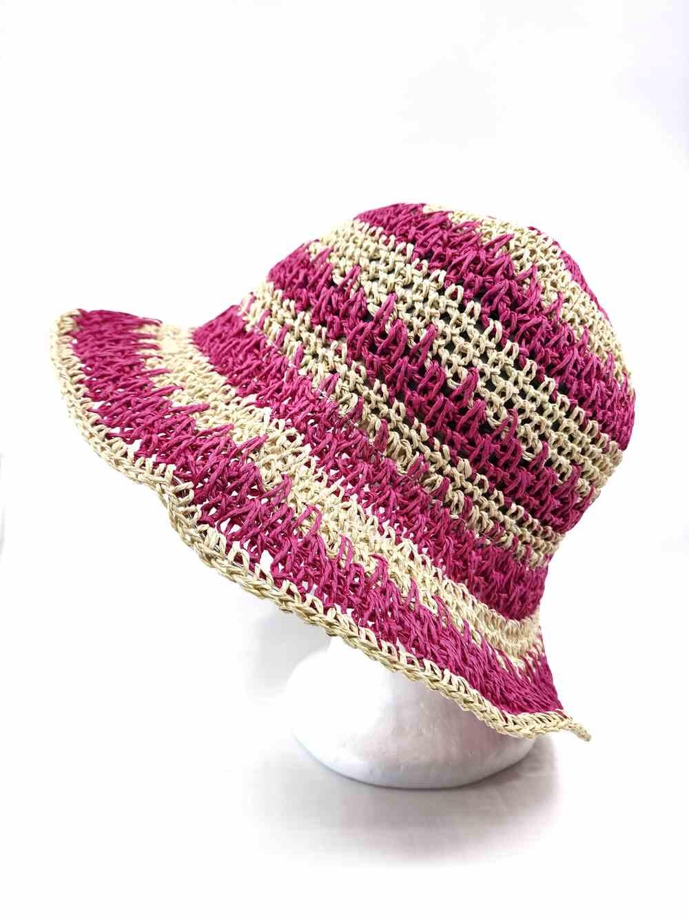 Women's Hand Crochet Clothe Straw Bucket Sun Hat in Two Tone Stripes - Image 2