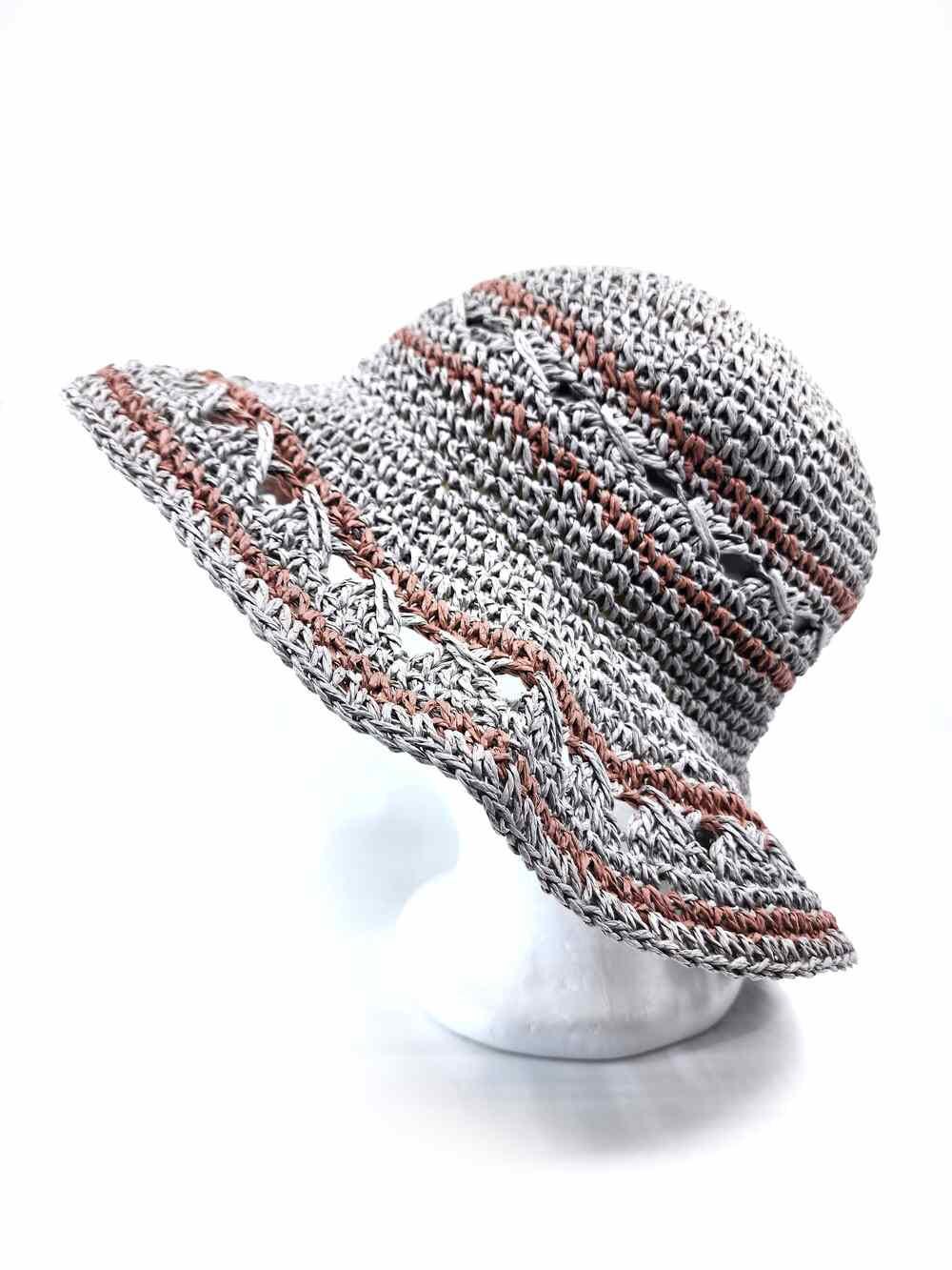 Women's Hand Crochet Clothe Straw Stripe Bucket Sun Hat - Image 3