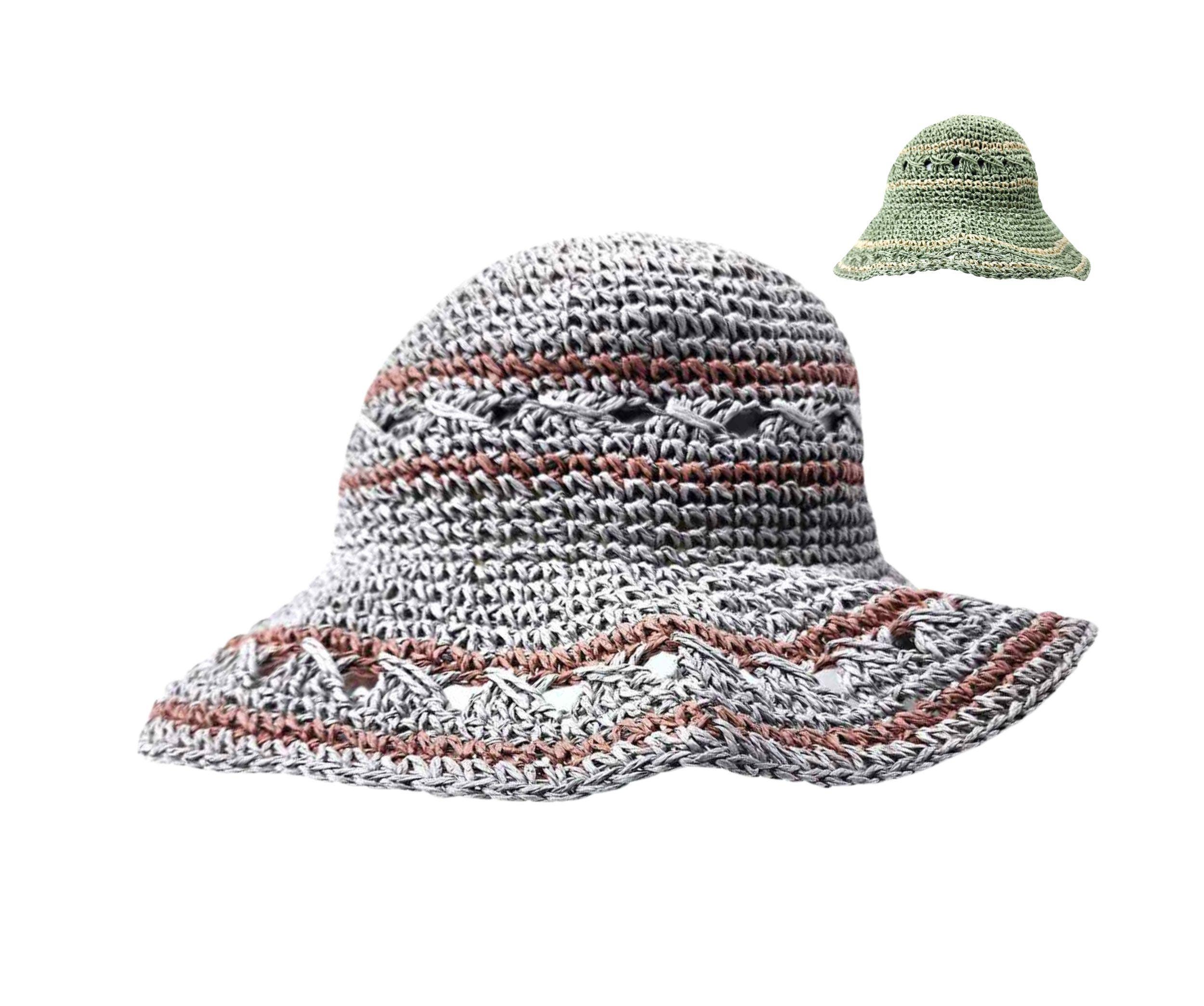 Women's Hand Crochet Clothe Straw Stripe Bucket Sun Hat - Image 2