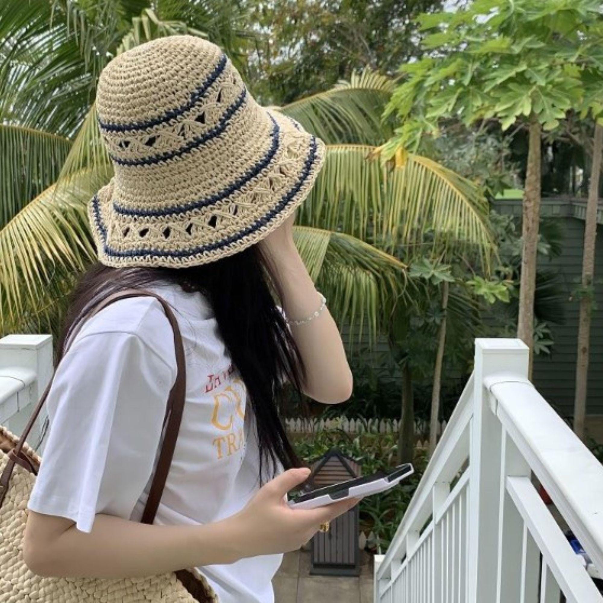 Women's Hand Crochet Clothe Straw Stripe Bucket Sun Hat - Image 8