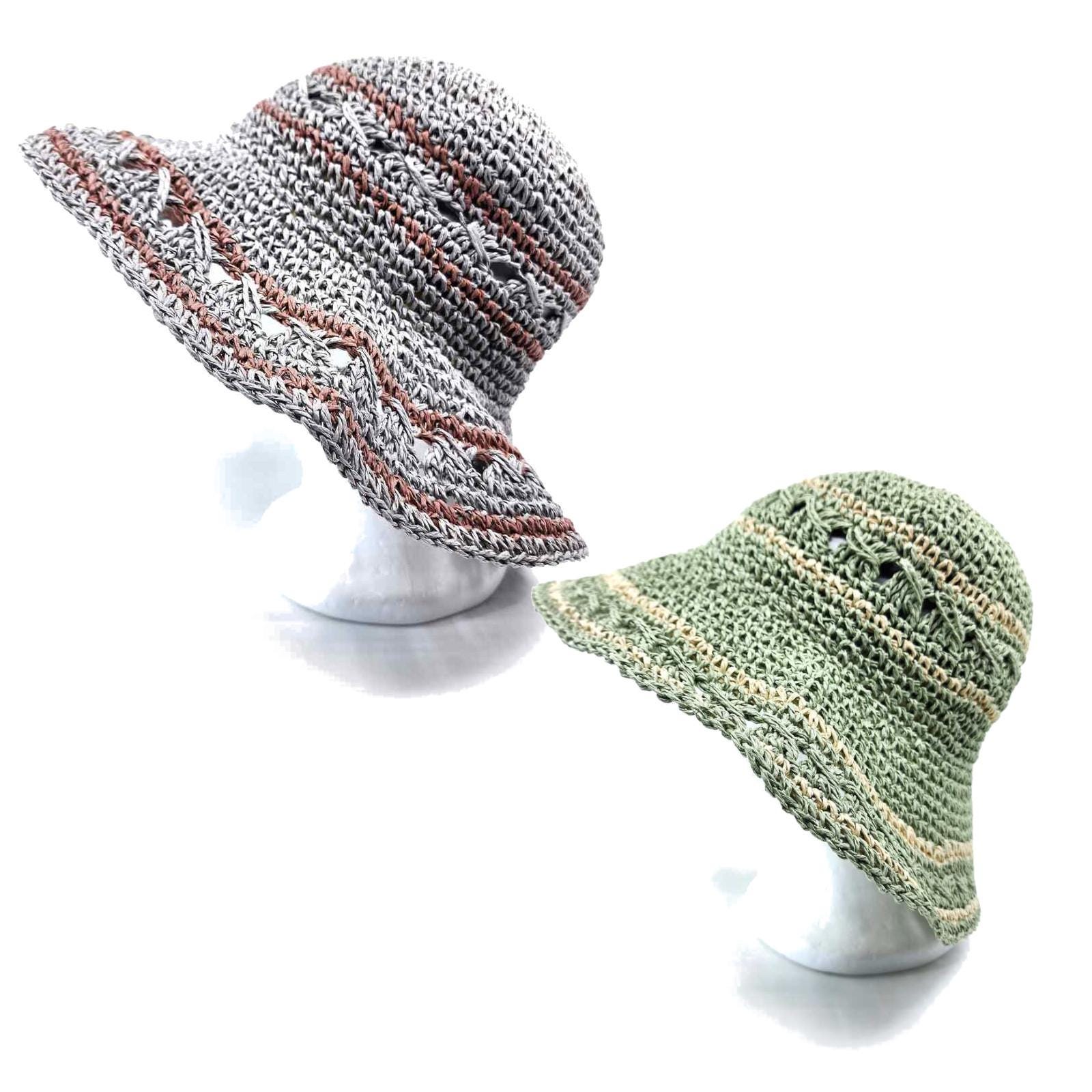Women's Hand Crochet Clothe Straw Stripe Bucket Sun Hat - Image 7