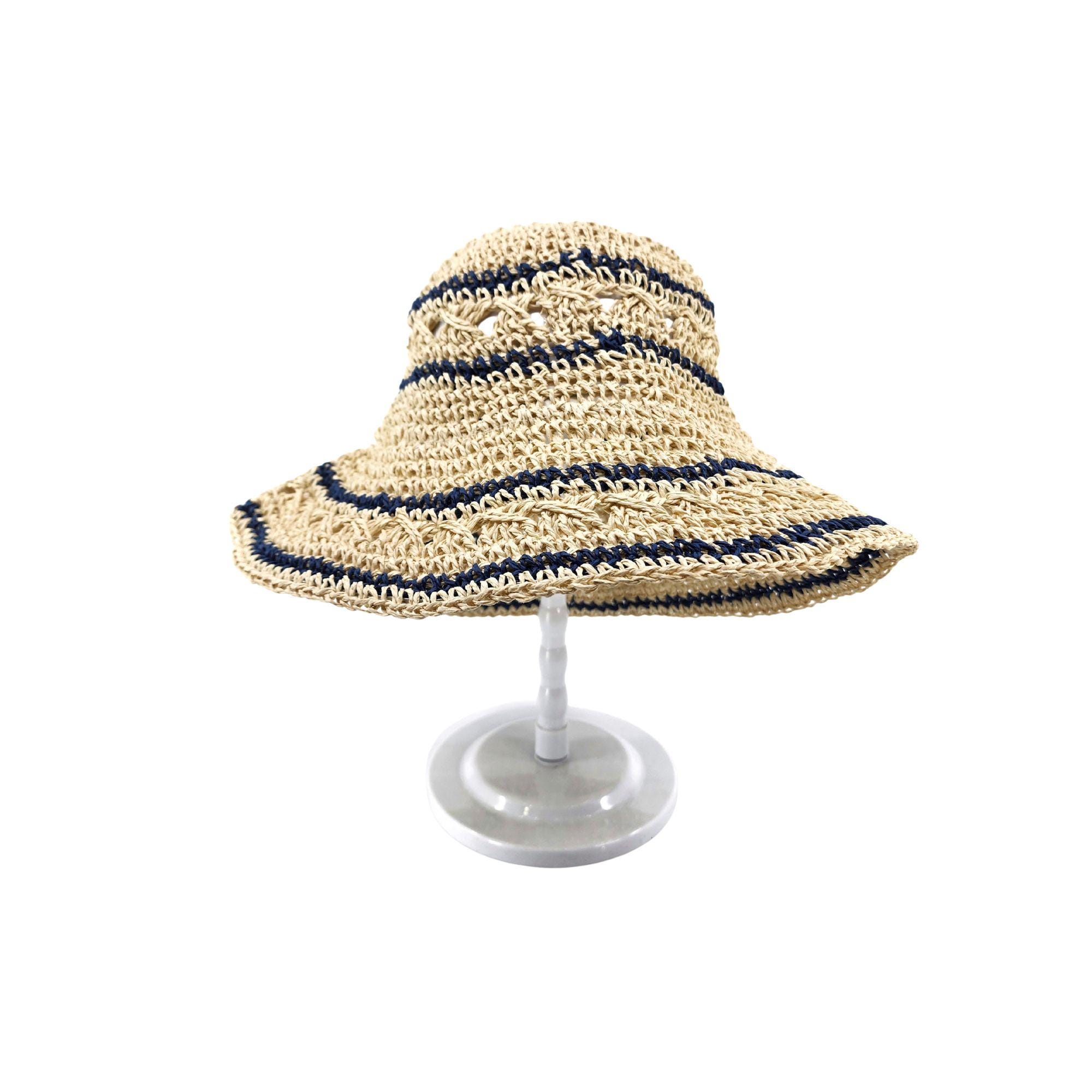 Women's Hand Crochet Clothe Straw Stripe Bucket Sun Hat - Image 6