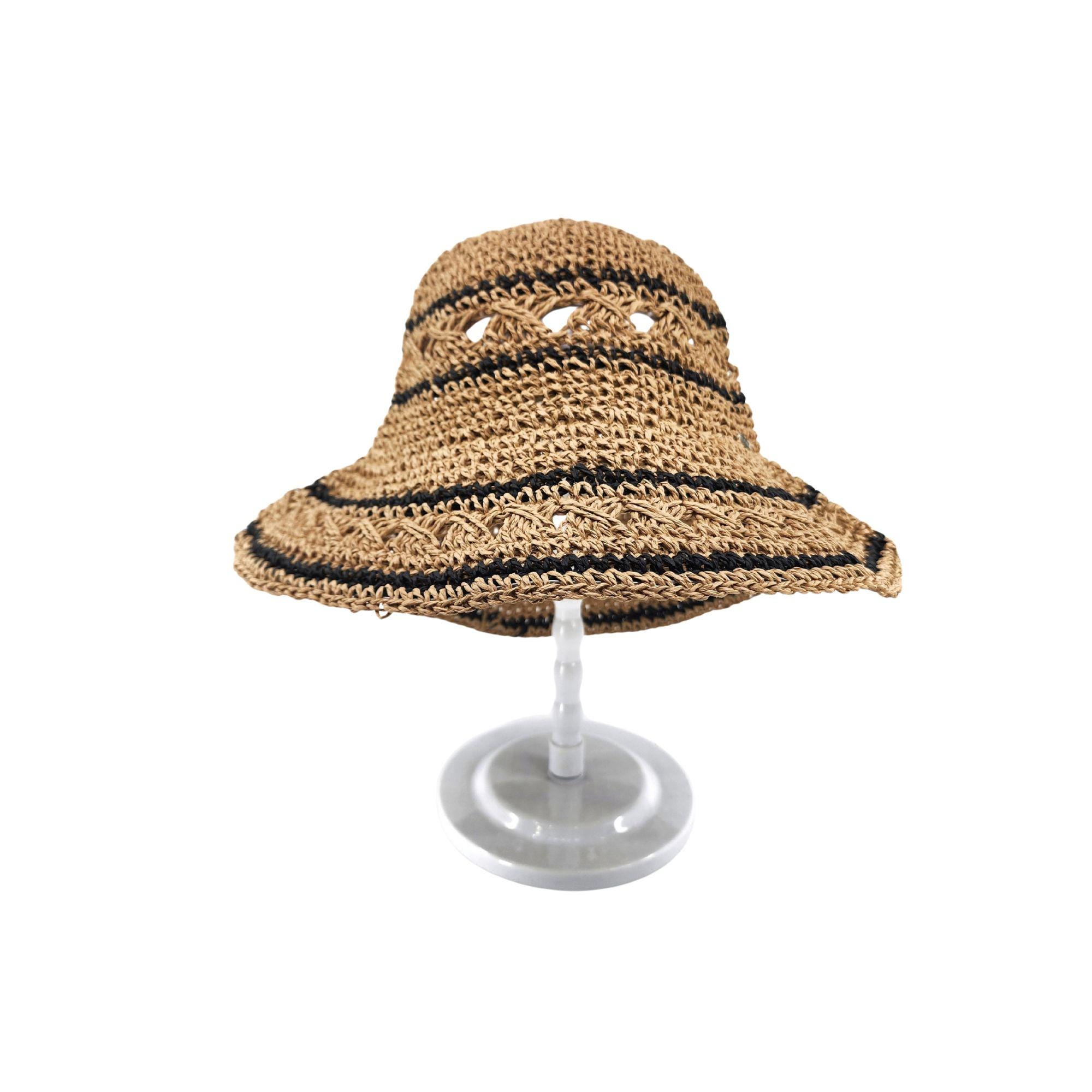 Women's Hand Crochet Clothe Straw Stripe Bucket Sun Hat - Image 5