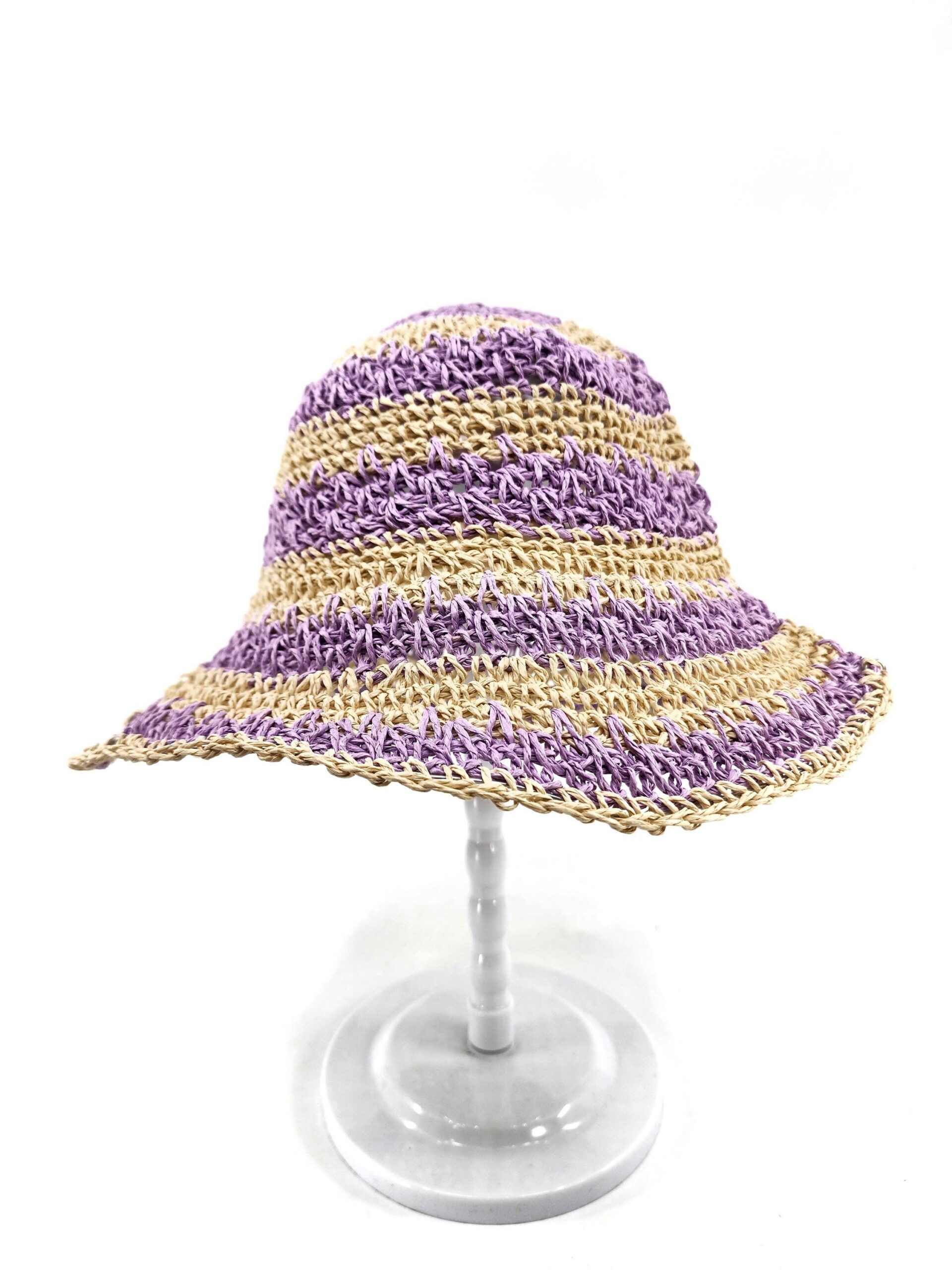 Women's Hand Crochet Clothe Straw Bucket Sun Hat in Two Tone Stripes - Image 6